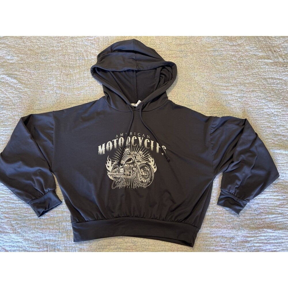 Refuge Athletics Pull Over Cropped Hooded Sweatshirt Grey M American Motorcycle